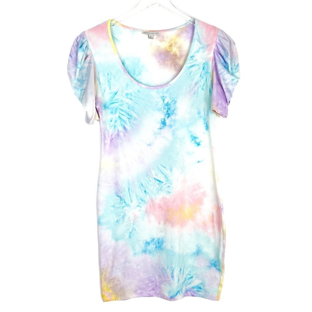 Haute Monde Dress Women's Large Blue Purple Pink Pastel Tie Dye Puff Sleeve Mini